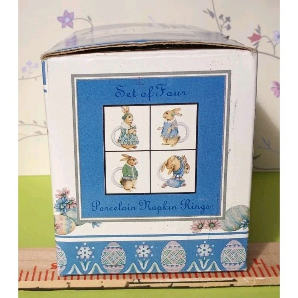 Vtg Bunny Rabbit Napkin Rings Boy‎ Girl Easter Spring Table Decor 4 pc Bisque